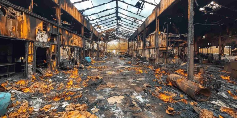 Commercial building interior with extensive fire and smoke damage after a major blaze requiring emergency fire restoration services by Paul Davis Restoration of Southeast MO, Carbondale & Paducah